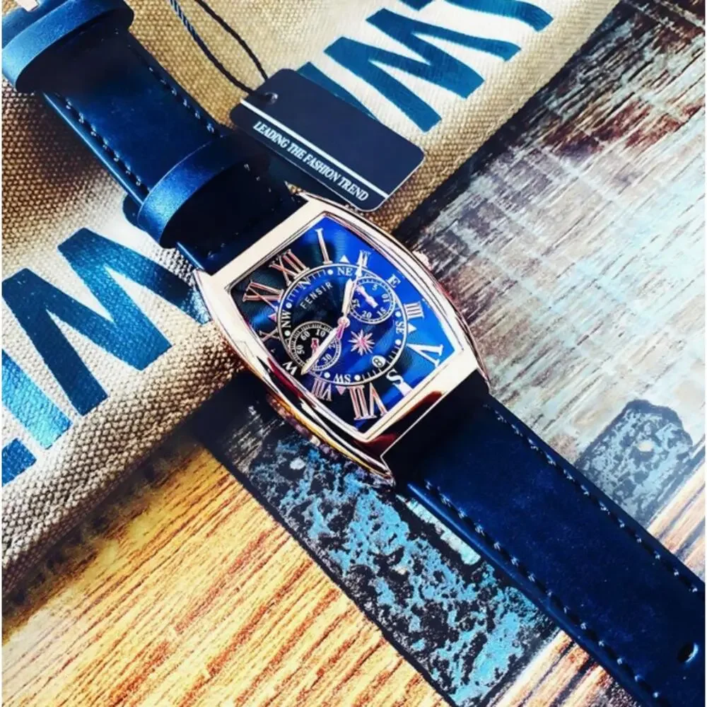 FENSIR Elegant Waterproof Quartz Watch Barrel Rose Gold Navy Blue Black NEW
